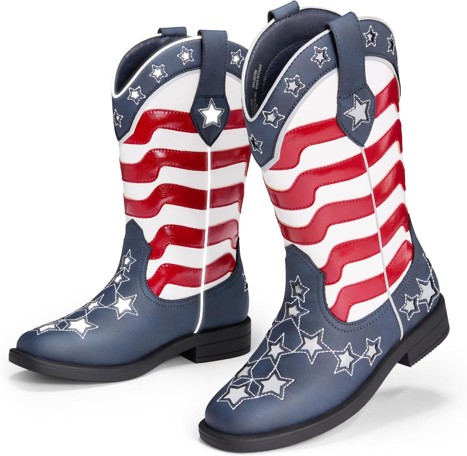 Kids Cowboy Boots for Girls and Boys – Western Mid Calf Cowgirl Boots with Reflective Star and American Flag Element Design, Riding Outfits Shoes for Little Big Kid Red White Navy Blue 9 Toddler