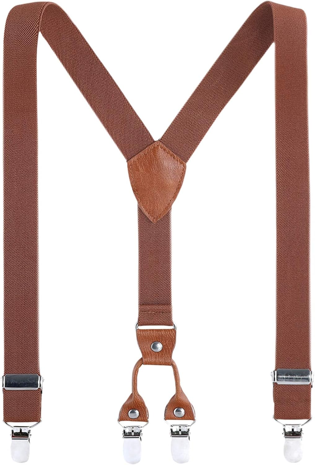 Kids Boys Adults Suspenders - 4 Sizes Sturdy Metal Clips Elastic Adjustable Suspender Brown 25Inches (6 Years to 9 Years)