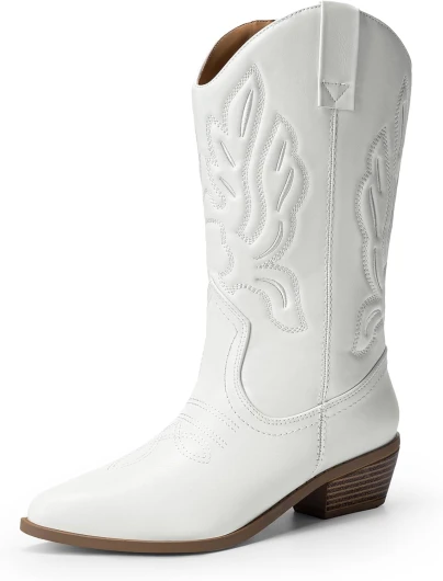 Women's Cowboy Boots Mid Calf Cowgirl Boots Embroidery Stitched Western Boots 9 White-pu