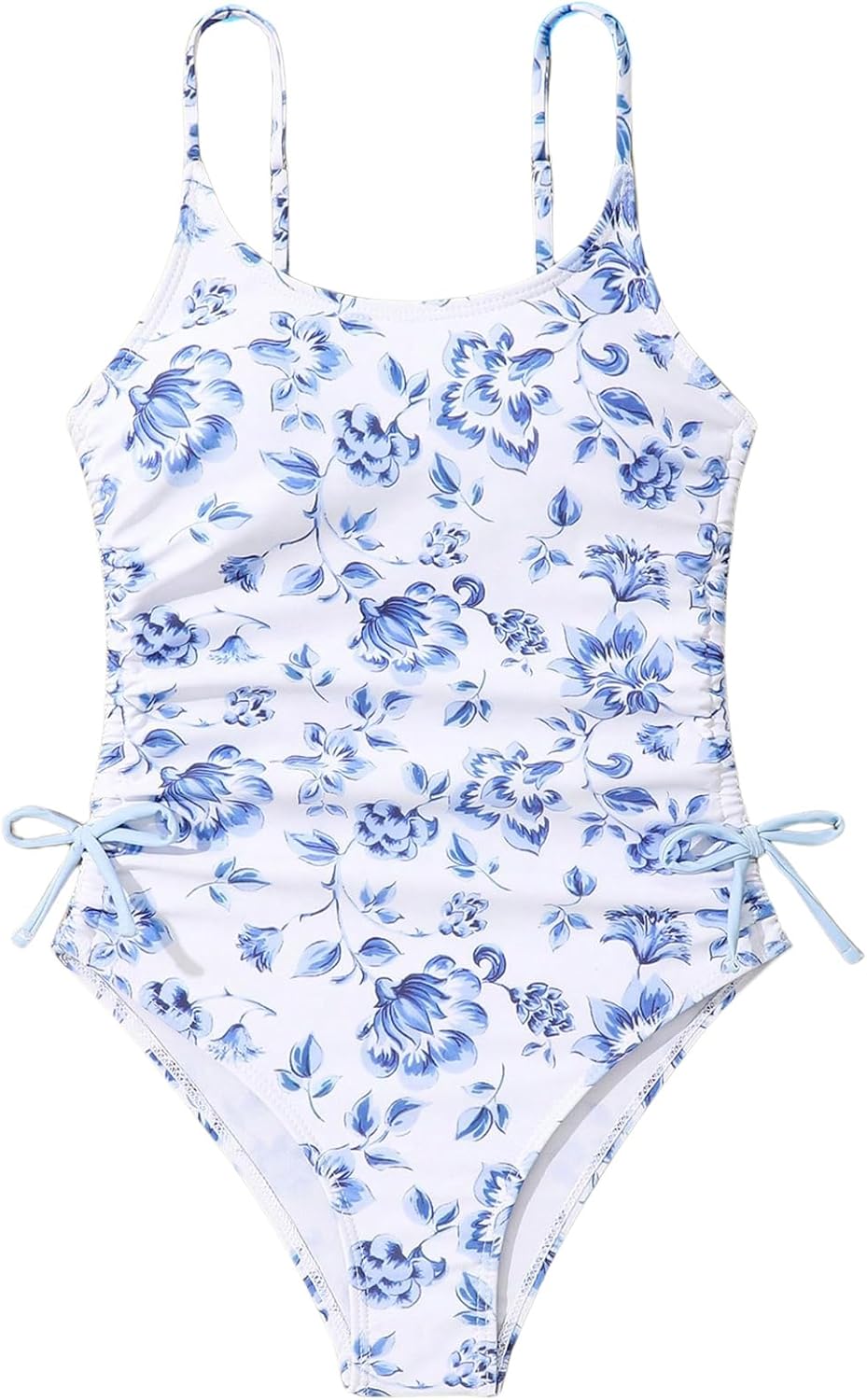 Girl's Floral One Piece Swimwear Bow Tie Side Spaghetti Strap Swimsuits 12 Years Blue and White