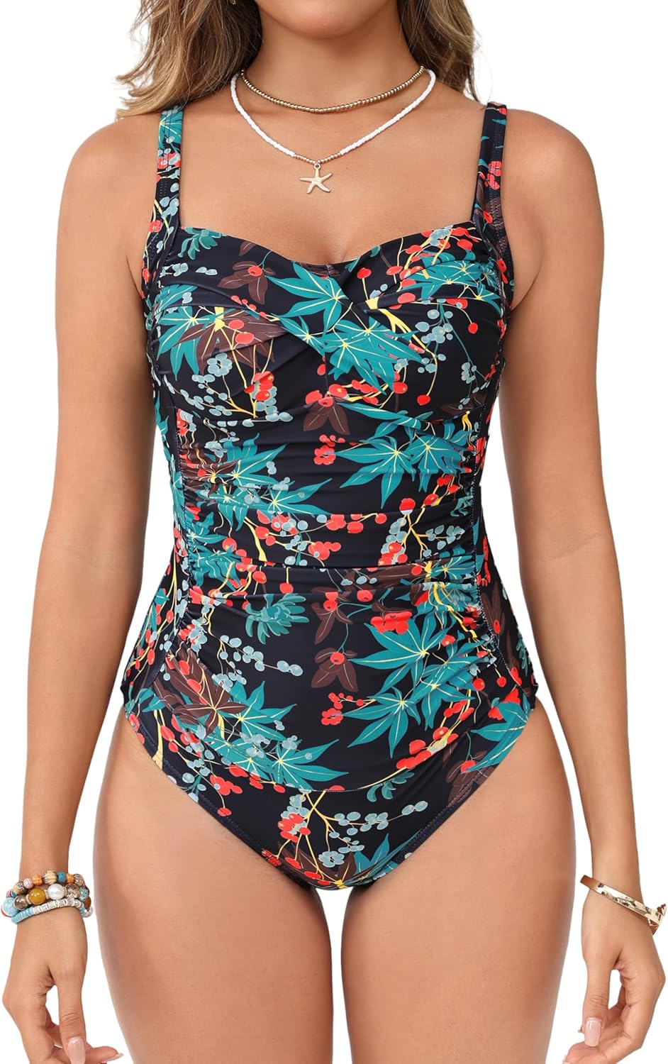 Women's Tummy Control One Piece Swimsuit Ruched Push Up Swimming Vintage Retro Bathing Suits Red/Green Flowers 12
