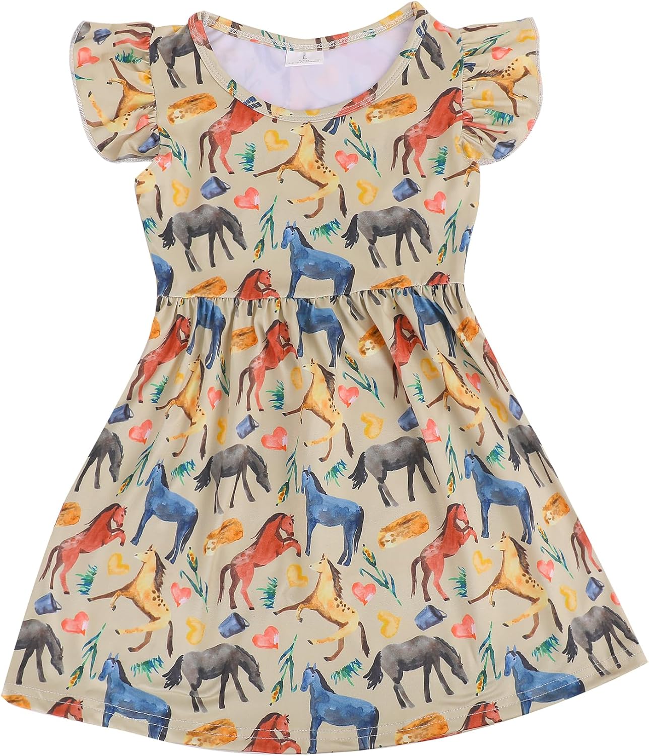 Nebljgo Toddler Girls Dress Cute Animal Print Dresses Ruffle Bottom Flutter Sleeve Apparel 2-8Y Yellow Horse 7-8 Years