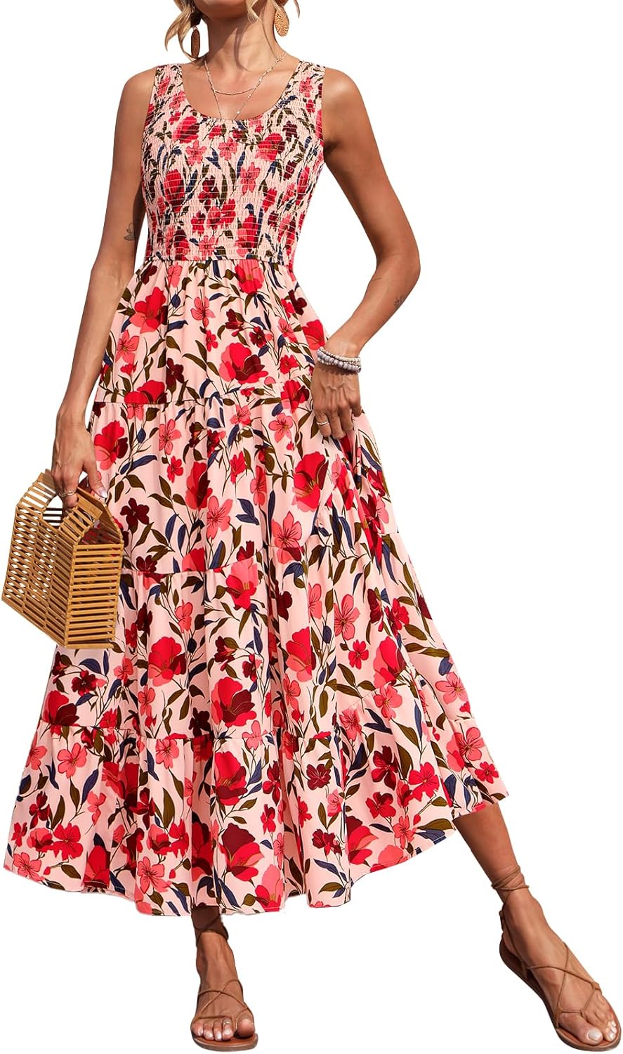 Smocked Tank Floral Maxi Dresses for Women 2025 Wedding Guest Dress Sleeveless Flowy Long Sundress with Pockets Floral Orange Pink Red Large