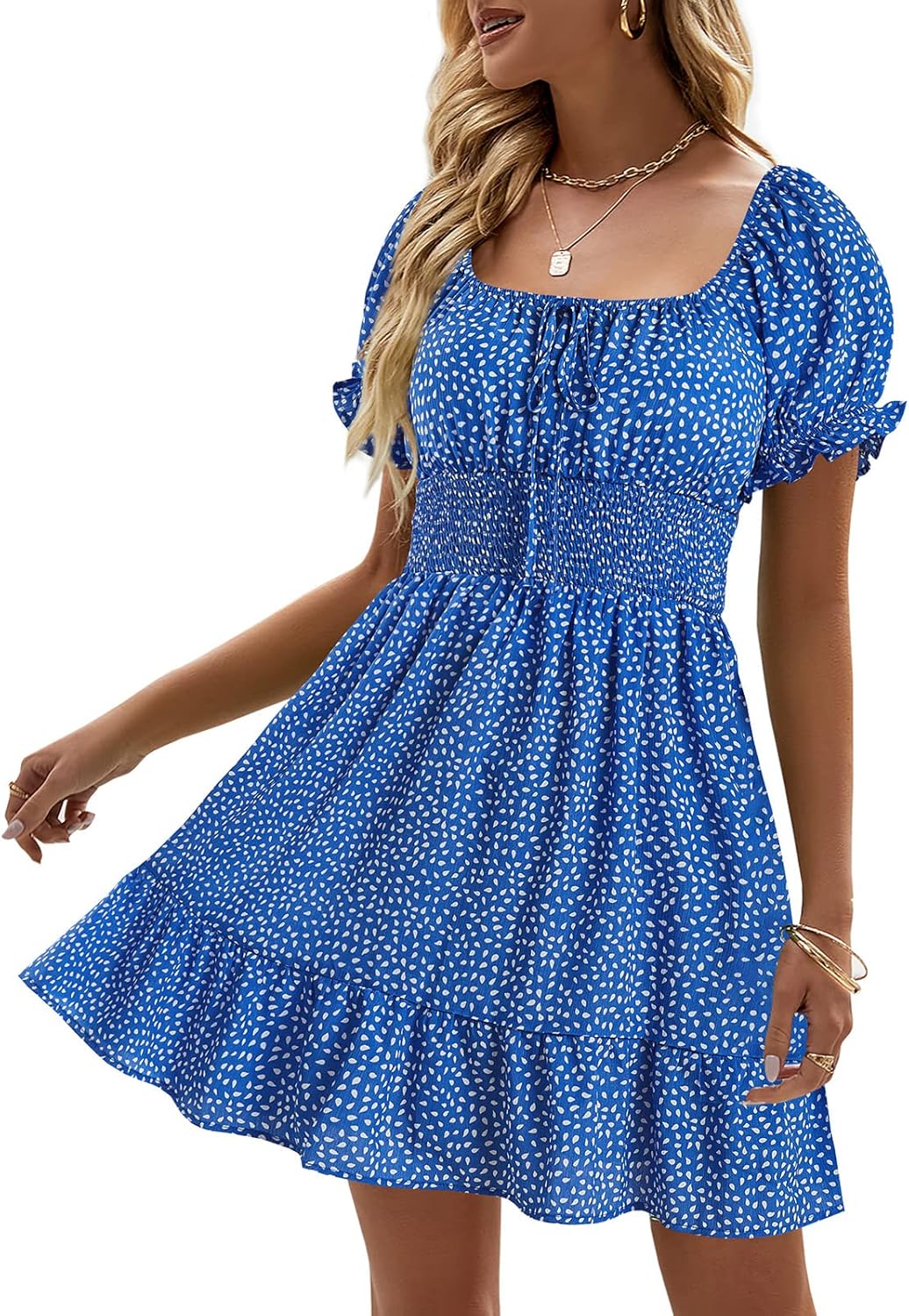 Womens Boho Floral Smocked Square Neck Short Sleeve Ruffle Beach Summer Mini Dress Small Blue