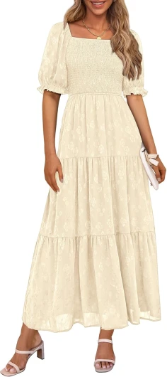 Women's 2025 Summer Casual Midi Dresses Square Neck Short Sleeve Smocked A Line Floral Flowy Elegant Boho Dress Beige Large