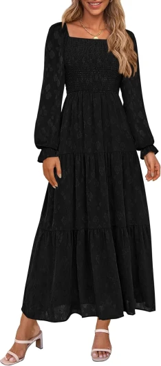 Women's 2025 Fall Floral Midi Dress Long Sleeve Smocked A Line Long Flowy Elegant Wedding Guest Dresses Black Large