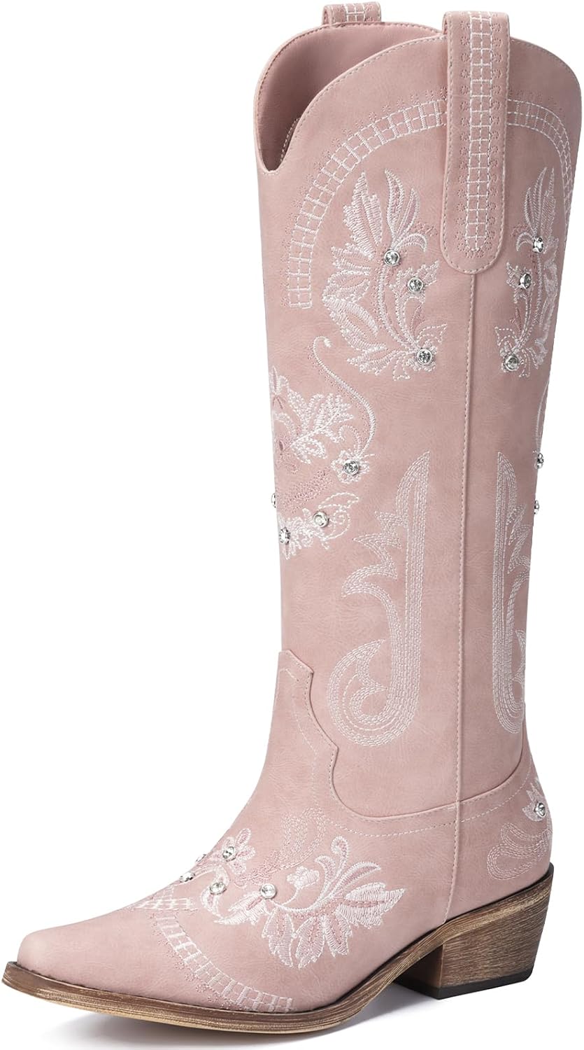 Cowboy Boots for Women - Knee High Western Cowgirl Boots, Sparkly Rhinestone Retro Country Boots with Classic Embroidered, Pointed Toe Chunky Heel Pull on Zipper Fashion Vintage Tall Boots 8 Light Pink