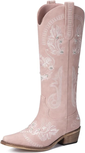 Cowboy Boots for Women - Knee High Western Cowgirl Boots, Sparkly Rhinestone Retro Country Boots with Classic Embroidered, Pointed Toe Chunky Heel Pull on Zipper Fashion Vintage Tall Boots 8 Light Pink