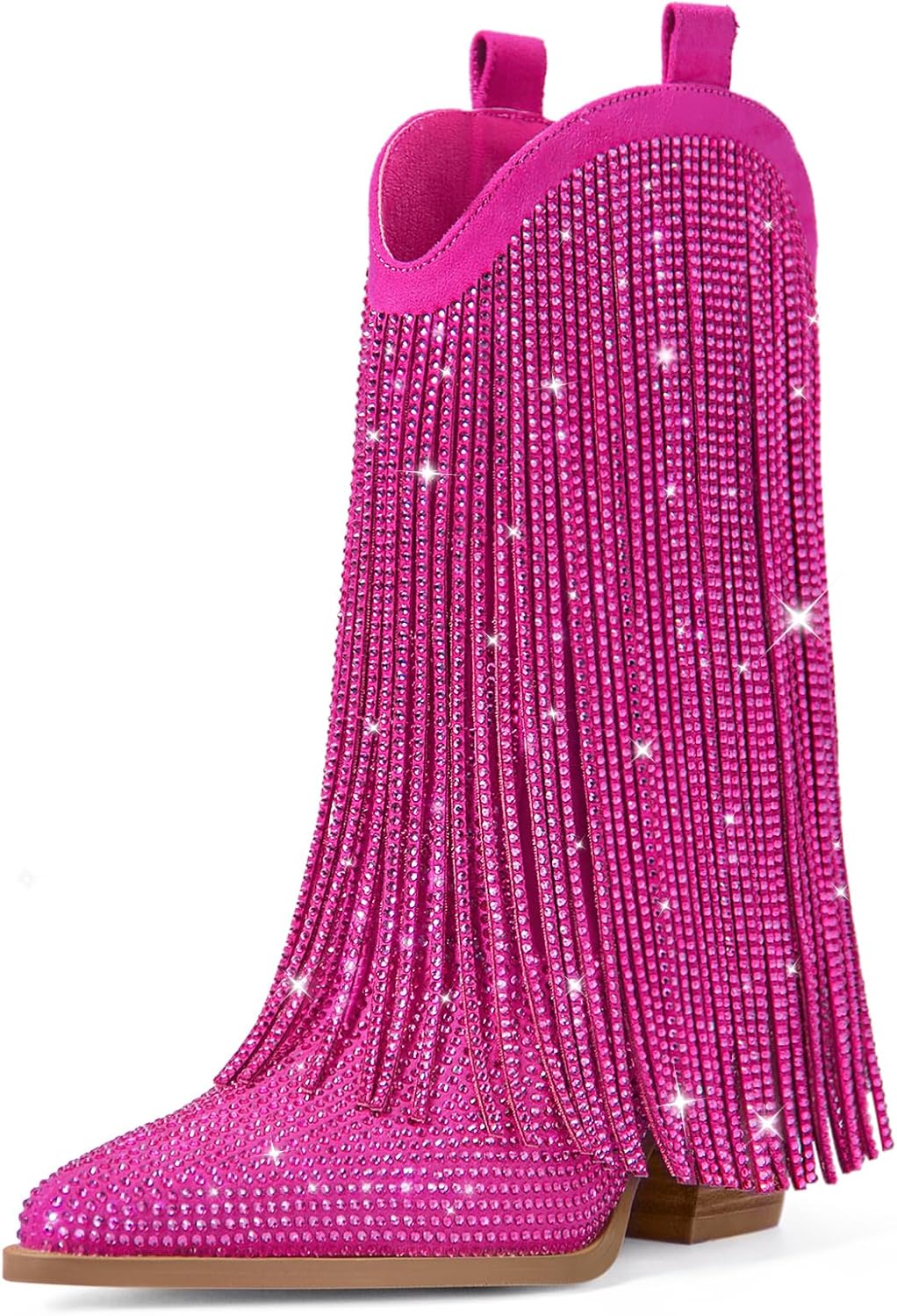 Cowboy Boots for Women - Cowgirl Rhinestone Boots with Sparkly Fringe Pointed Toe Western Boot Chunky Heel Pull-On Wide Calf Botas Vaqueras 8.5 Pink
