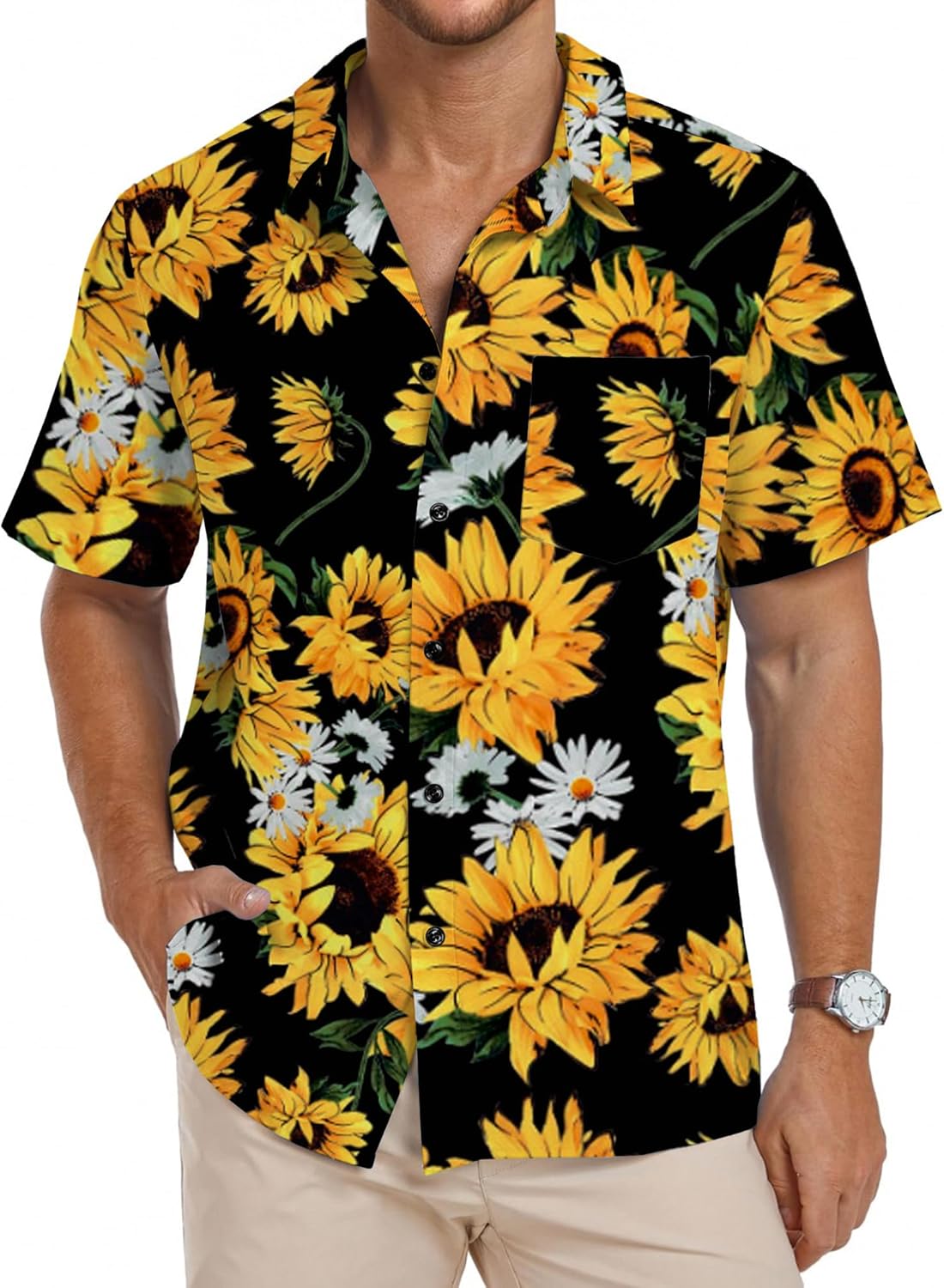 Men's Flower Casual Button Down Short Sleeve Hawaiian Shirt X-Large A02 Daisy and Sunflower