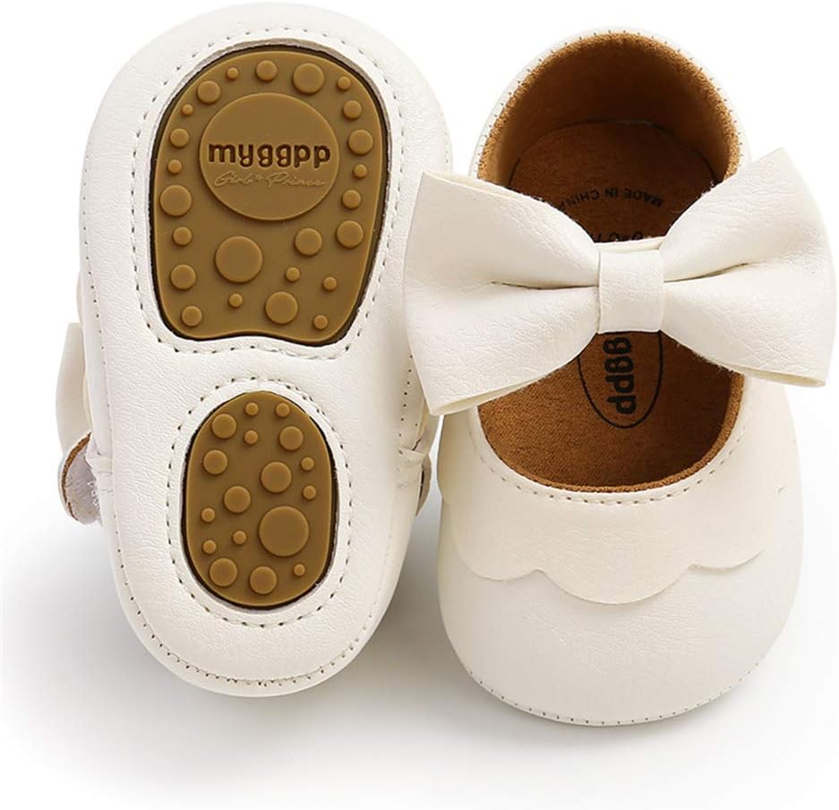 Baby Girls Mary Jane Flats with Bownot Non Slip Soft Sole PU Leather Newborn Infant Toddler First Walker Cirb Dress Shoes 6-12 Months Infant 07 White