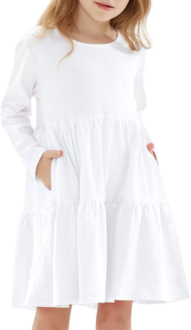 Girls Long Sleeve Tiered Dress Loose Flowy Ruffle Swing Dresses with Pockets (4-12 Years) 9-10 Years White