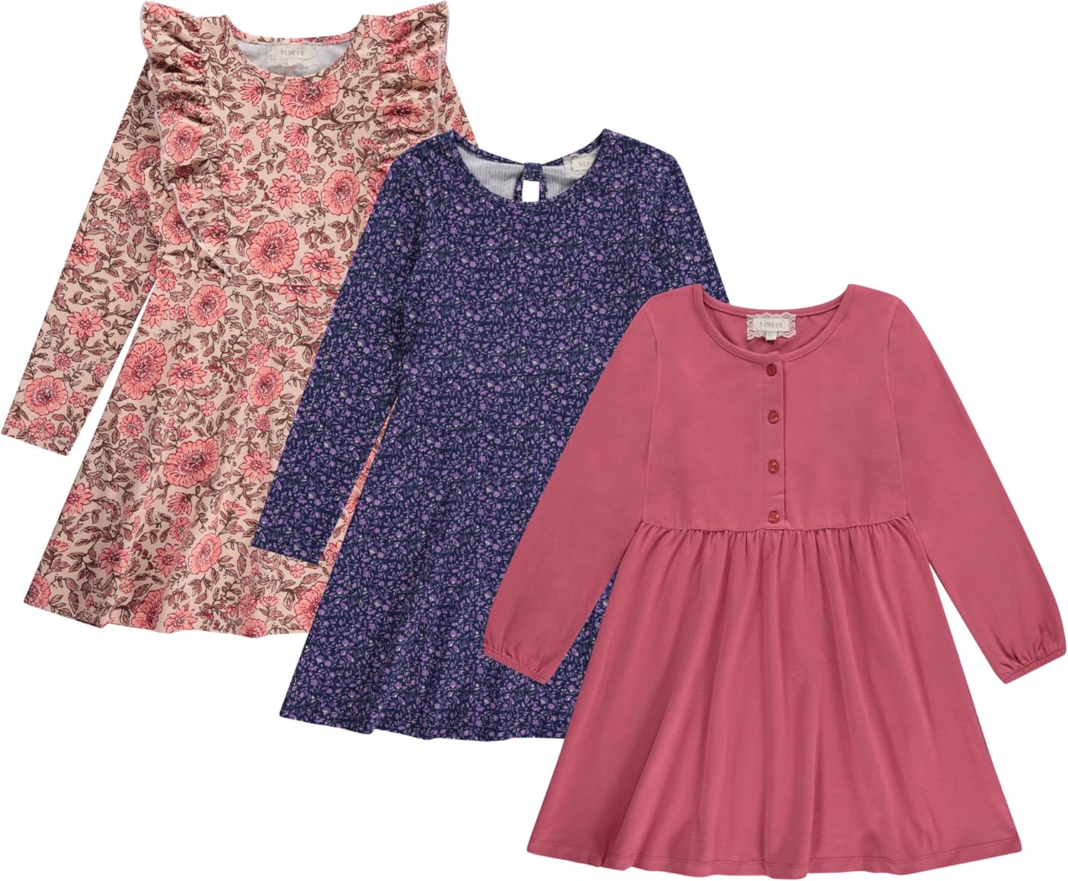 Girls Long Sleeve Dresses, 3 Pack Soft Cotton Casual Dresses for Kids Mauve 4-5