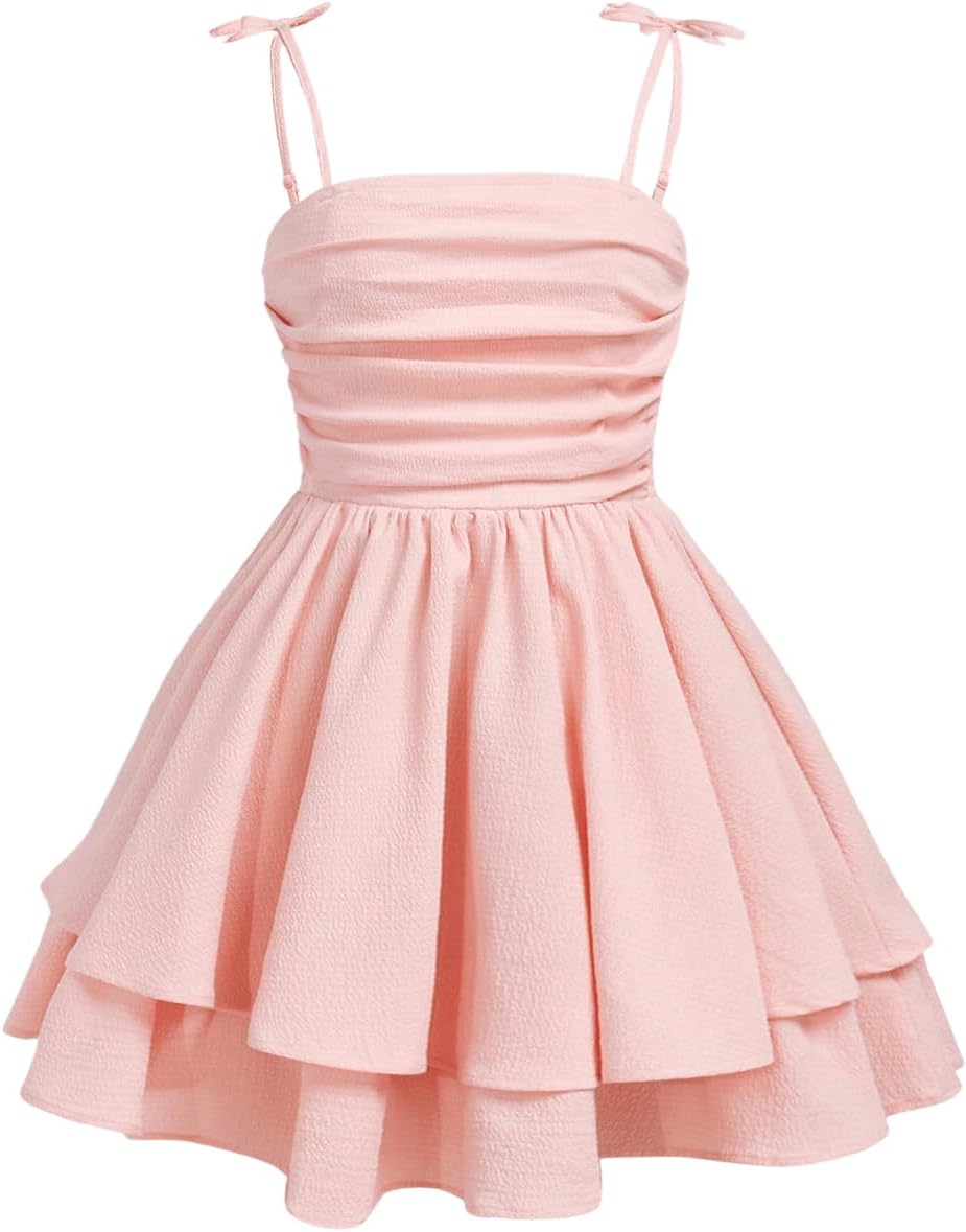 Girl's Smocked Ruched A Line Swing Dress Layered Tie Shoulder Flowy Cami Short Dress 16 Years Light Pink
