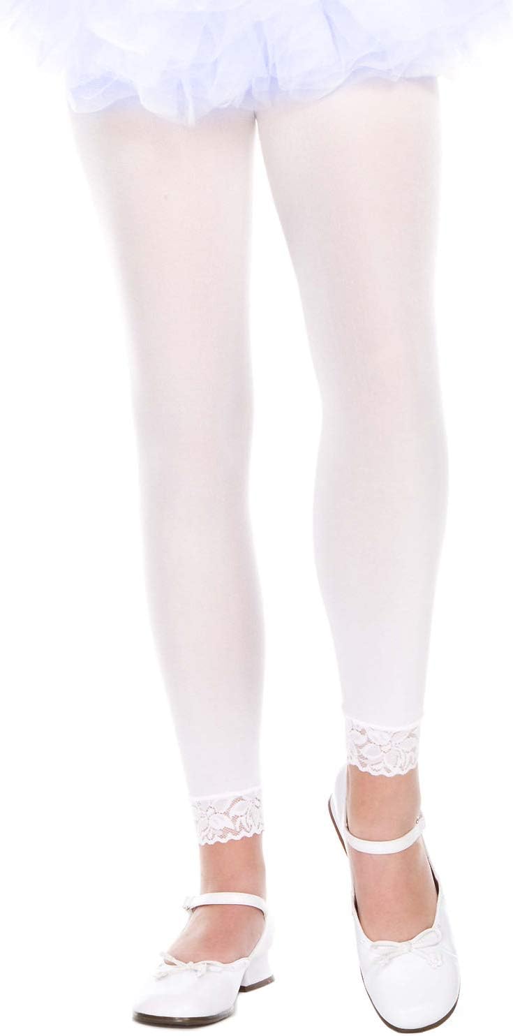 Girl’s Footless Opaque Layering Nylon Tights with Floral Lace Bottom Trim 8-10 Years White
