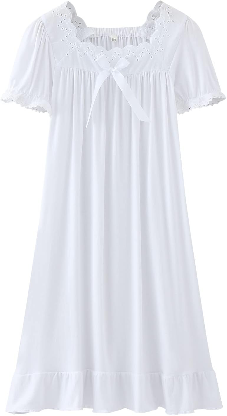Cotton 𝗡ightdress for Girls, Kids Short Sleeve Lace Trim 𝐏ajamas 𝐍ightgown, Girls 𝗡ightwear 𝗦leeping Dress White 5-6 Years