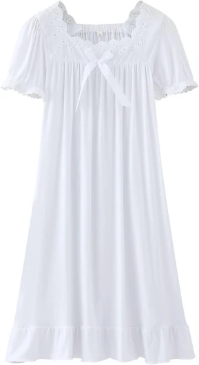 Cotton 𝗡ightdress for Girls, Kids Short Sleeve Lace Trim 𝐏ajamas 𝐍ightgown, Girls 𝗡ightwear 𝗦leeping Dress White 5-6 Years