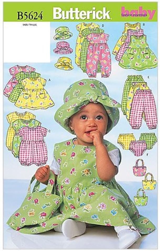 BUTTERICK PATTERNS B5624 Infants' Dress, Jumper, Romper, Jumpsuit, Panties, Hat and Bag, Size NB0 (NB-S-M)