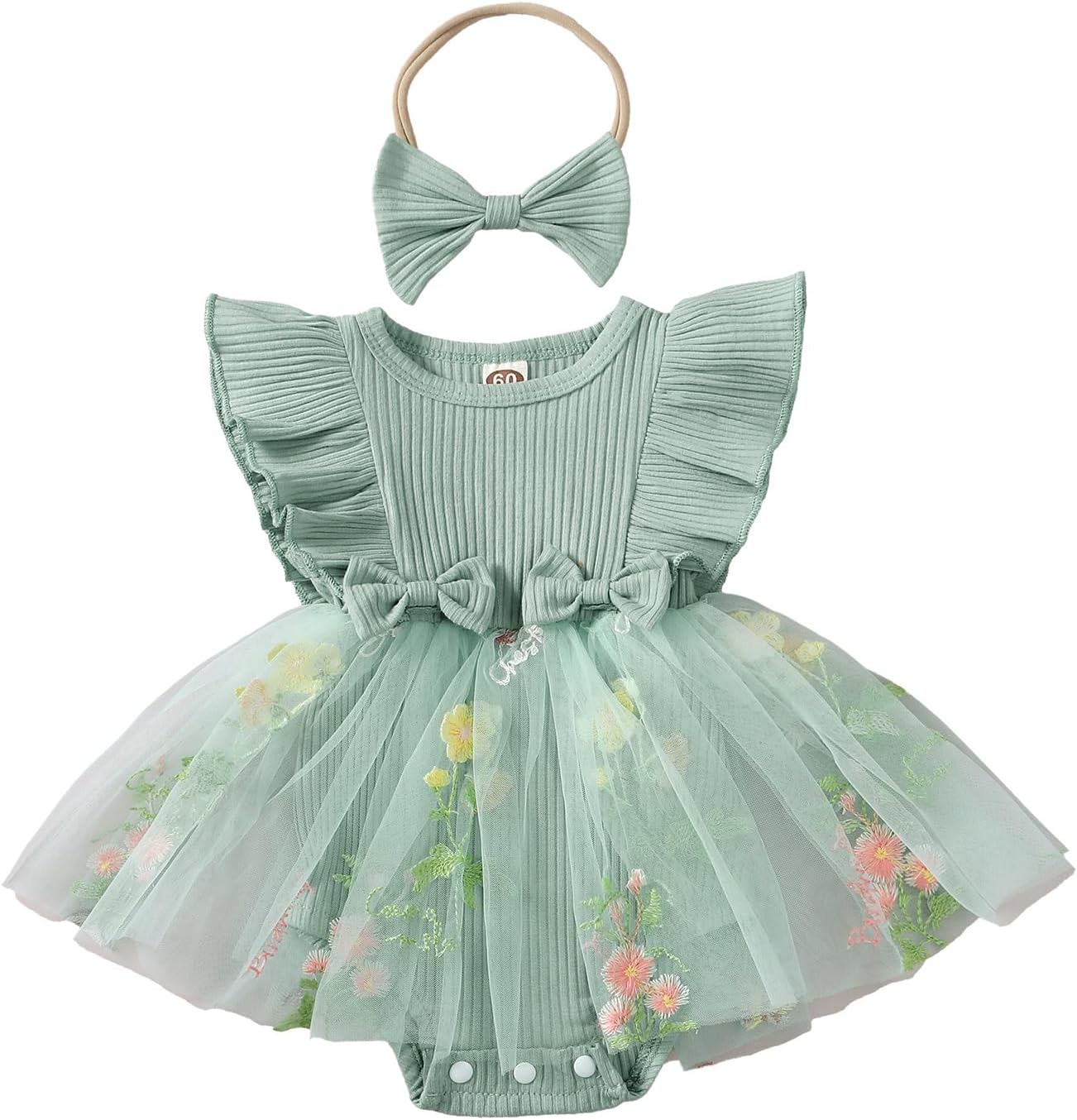 Newborn Baby Girl Summer Romper Dress Infant Fly Sleeve Flower Embroidery Mesh Tulle Skirt Hem Ribbed Bodysuit Tulle-green 01 3-6 Months