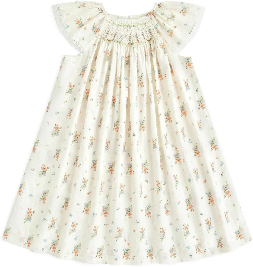 Baby Girl Smocked Dress Summer Casual Short Sleeve Dresses Floral Print Sundress Princess Dress for Toddlers 2T Ba-apricot Flower