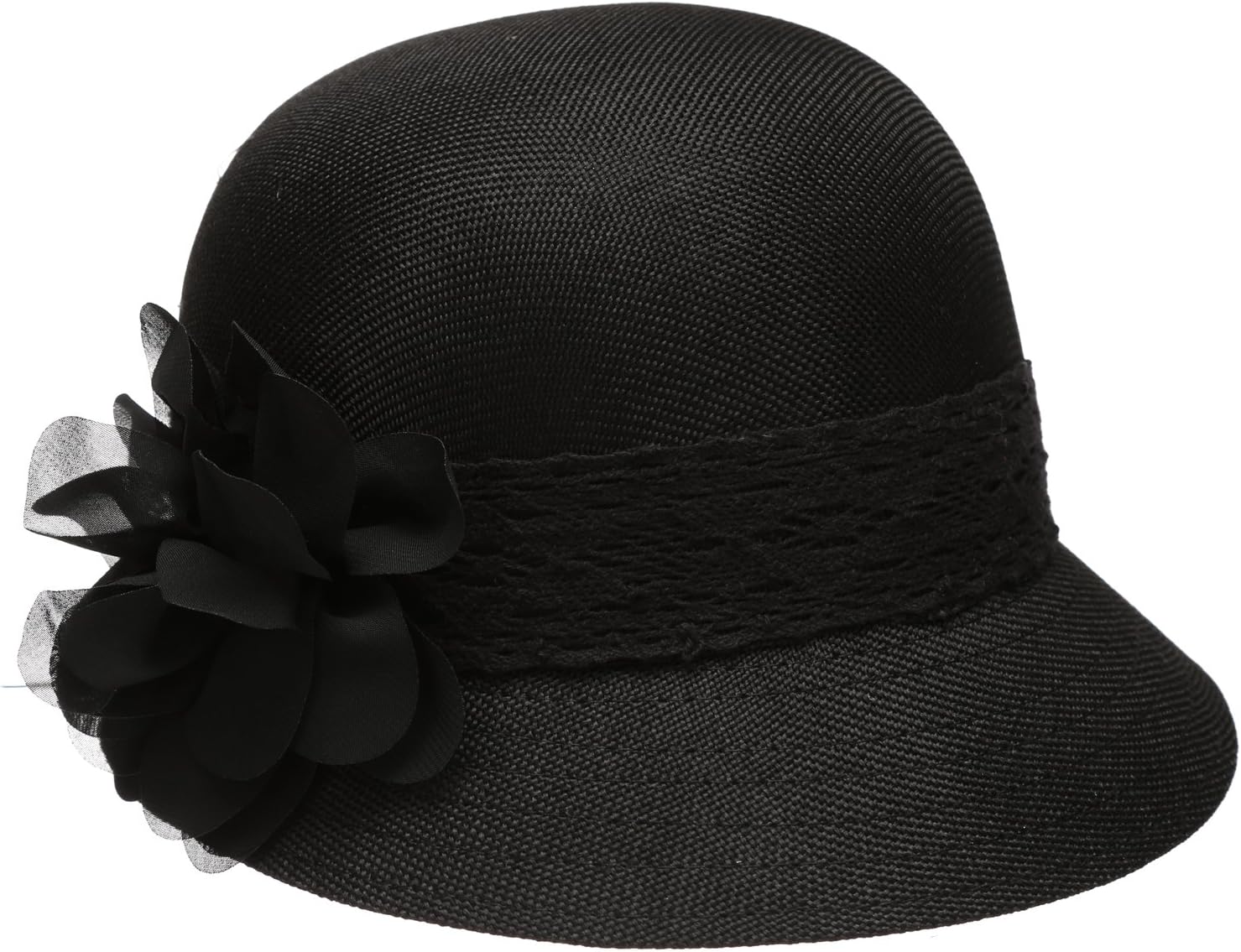 Women's Gatsby Linen Cloche Hat with Lace Band and Flower One Size Black