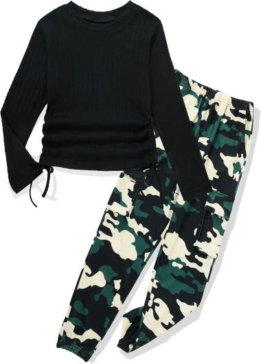 Mksodop Girls Clothes Ruched Drawstring Short Sleeve Knit Top and Camo Print Pants 2 Piece Girls Outfits Black 6-7Y