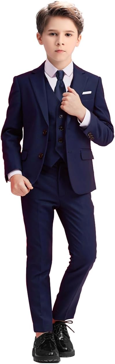 Boys Suits 5 Piece Slim Fit Suit for Kids Formal Ring Bearer Suits 10 Navy Blue(tie)