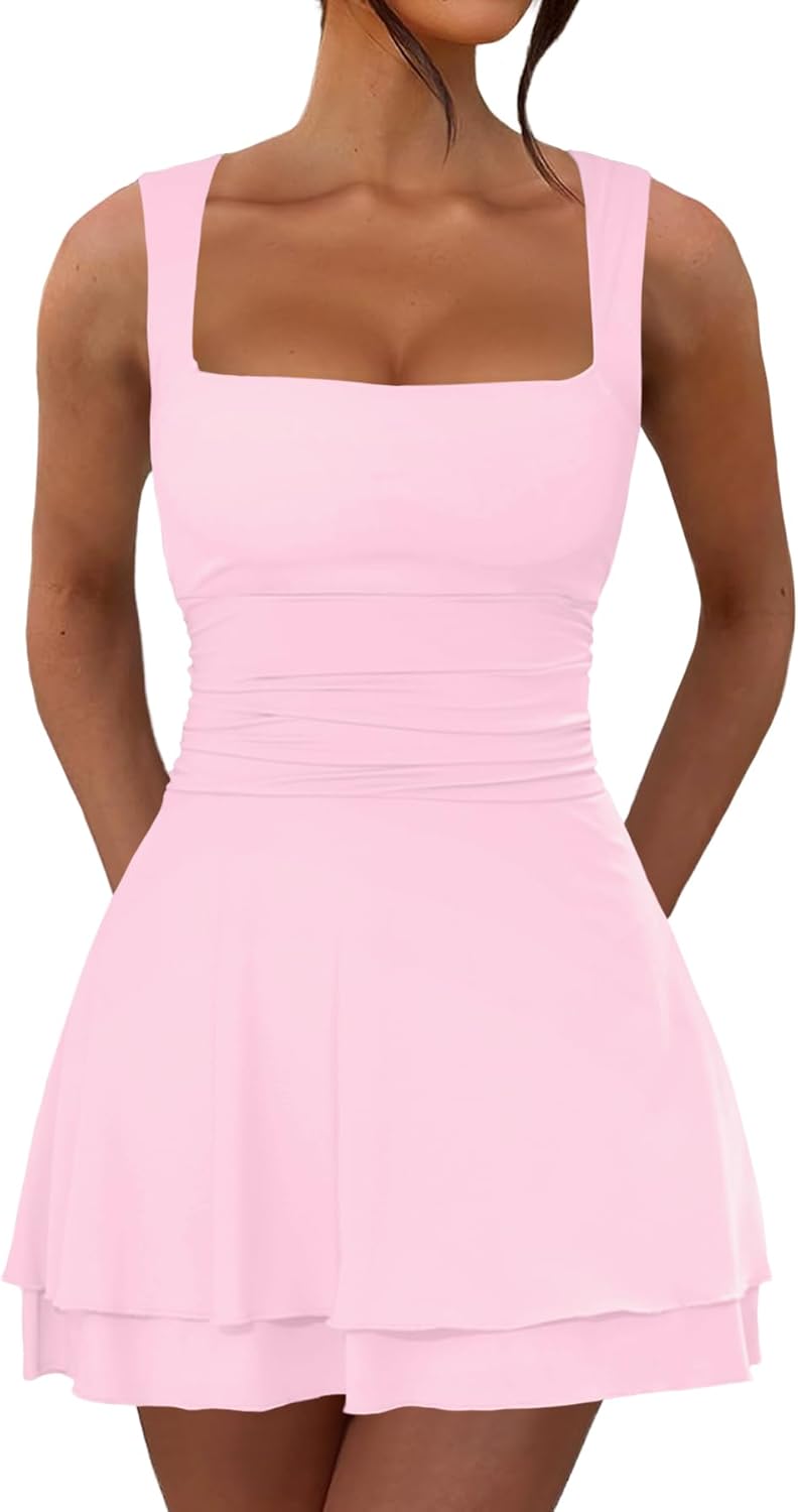 Women's Summer Ruffle Hem Square Neck Mini Dress Ruched Waist Short Party Dresses Light Pink X-Small