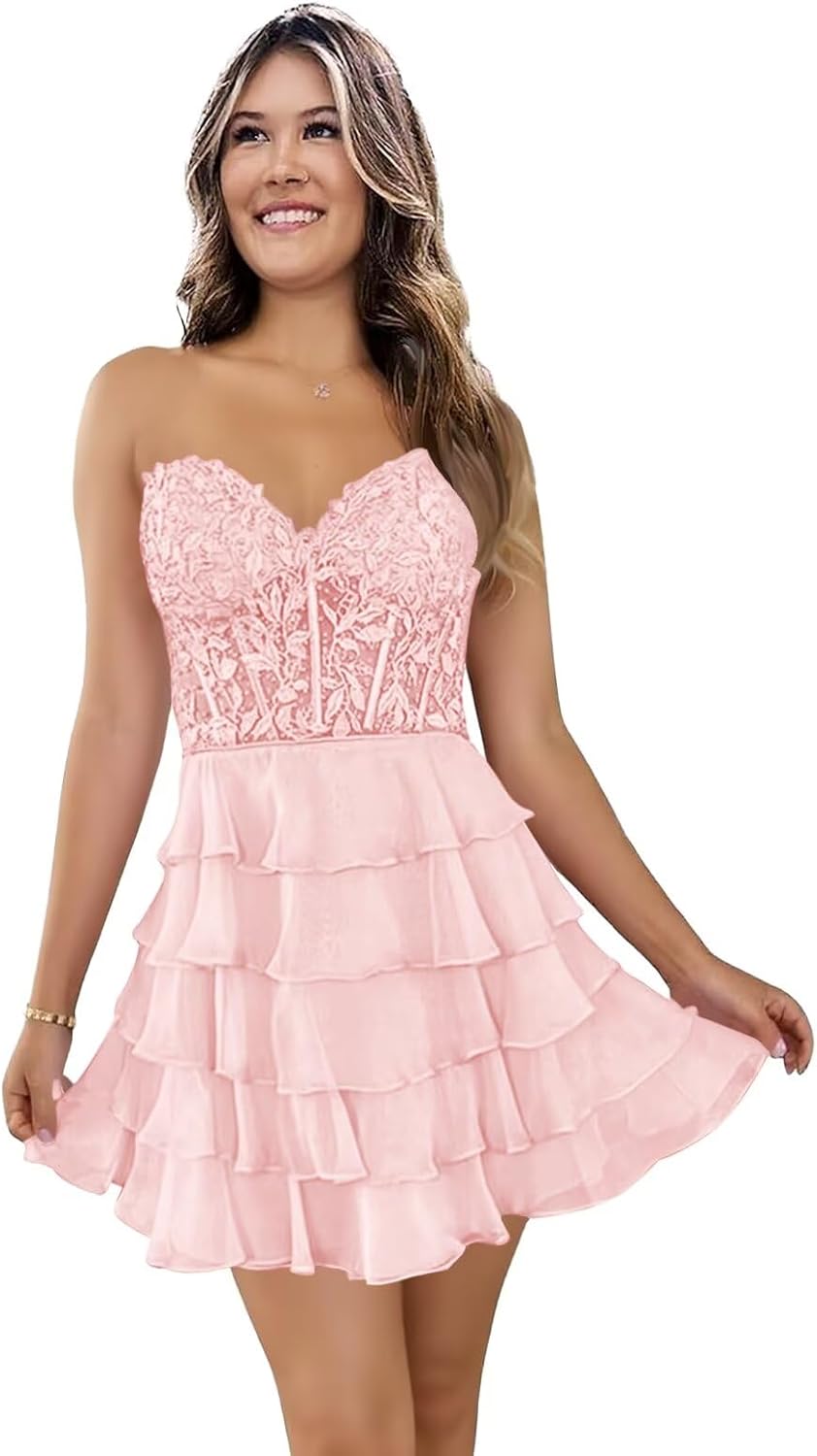 Tiered Chiffon Lace Appliques Homecoming Dresses Short for Teens 2025 Corset Strapless Cocktail Prom Dresses Light Pink 8