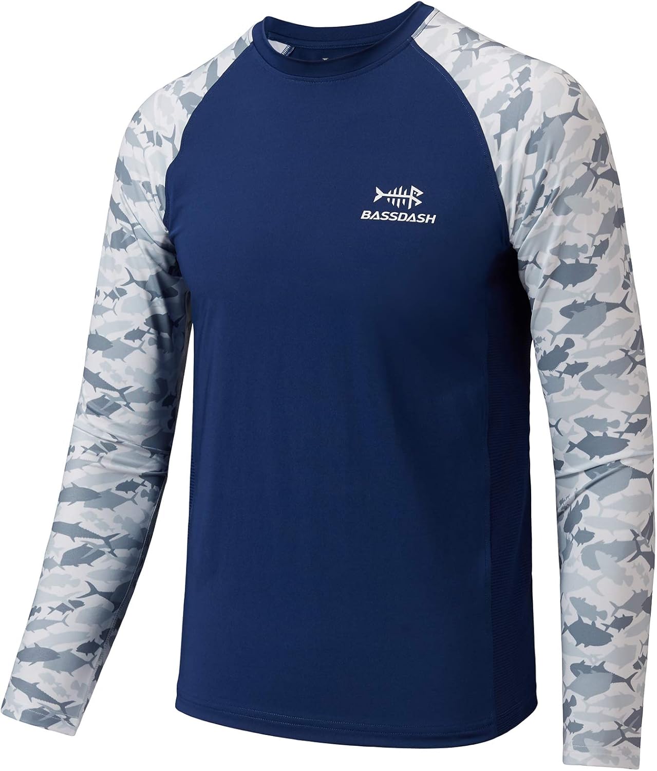 Youth UPF50+ Camo Long Sleeve Fishing Shirt UV Protection Quick Dry Tee Dark Blue/Grey Fishes Medium