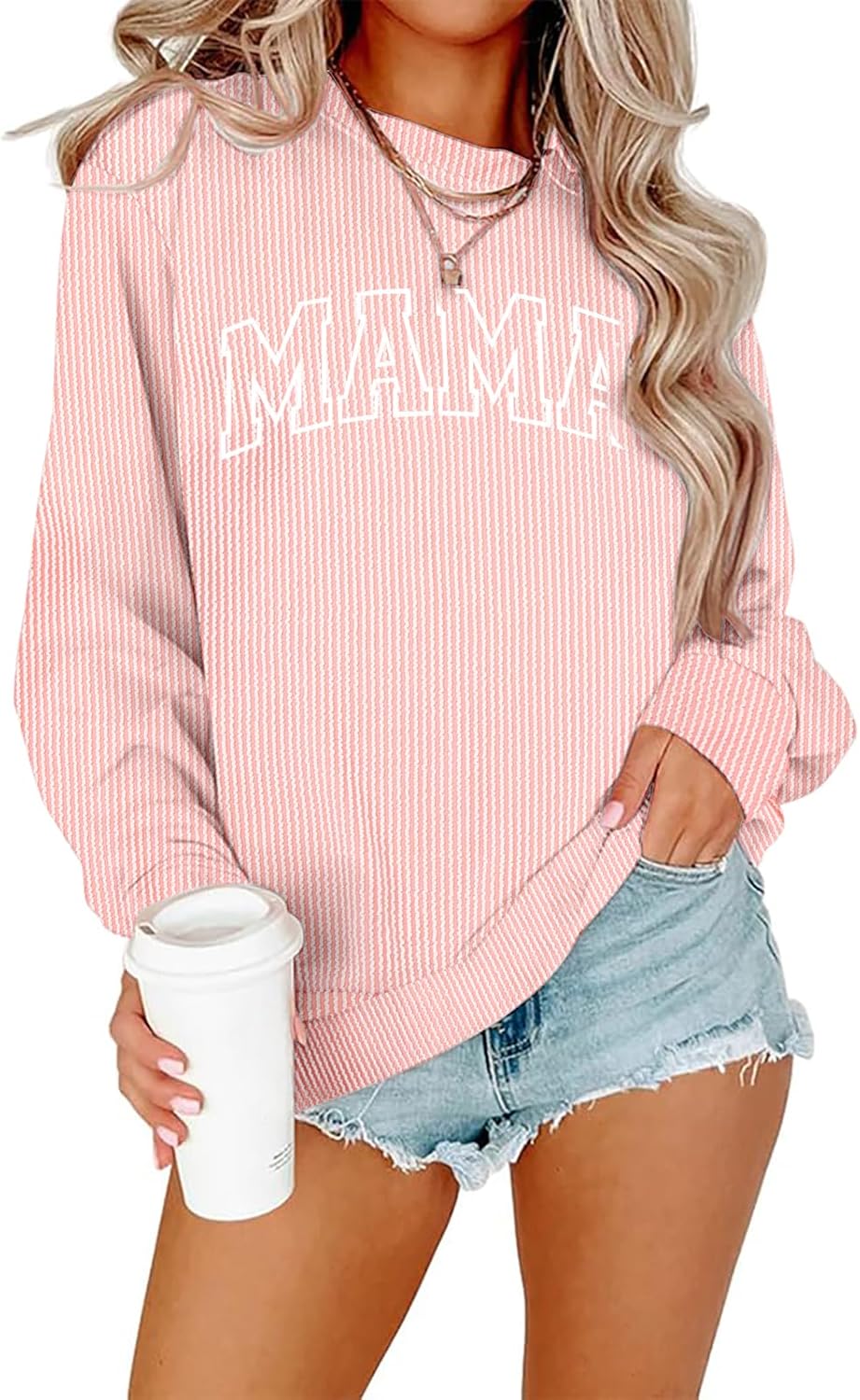 Mama Sweatshirt Women Mom Life T Shirt Mommy Mom Crewneck Pullover Tops Casual Mama Letter Print Long Sleeve Shirt Pink Medium