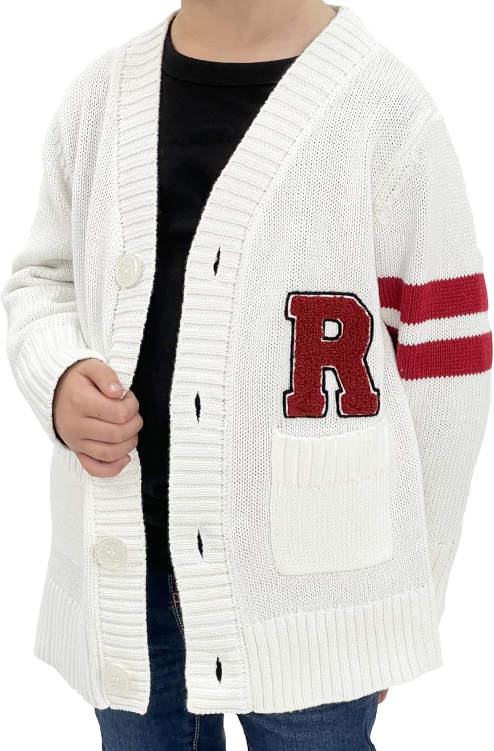 Hip Hop 50’s Shop Boys 1950s Retro Knit Varsity Letterman Cardigan Sweater for Kids and Toddlers 12 Years White "R"