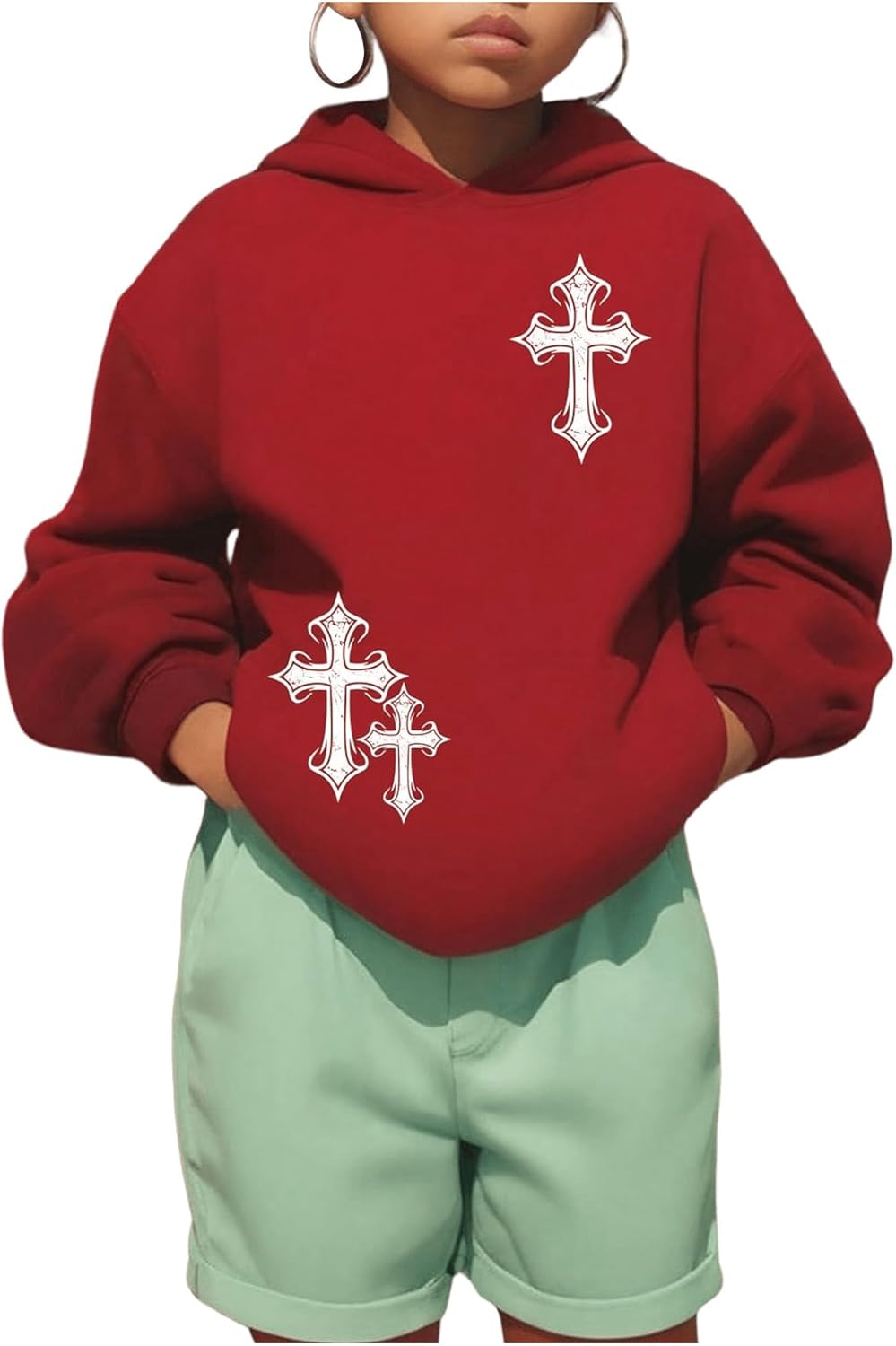 Girl's Cross Print Long Sleeve Hoodie Fleece Athletic Sweatshirts Pullover 9 Years Red