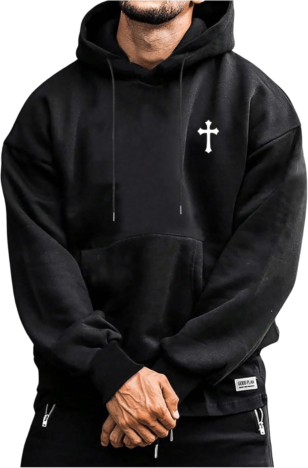 Hoodies for Men Graphic Print Drawstring Drop Shoulder Long Sleeve Sweatshirt Pullover Tops Medium Black Cross