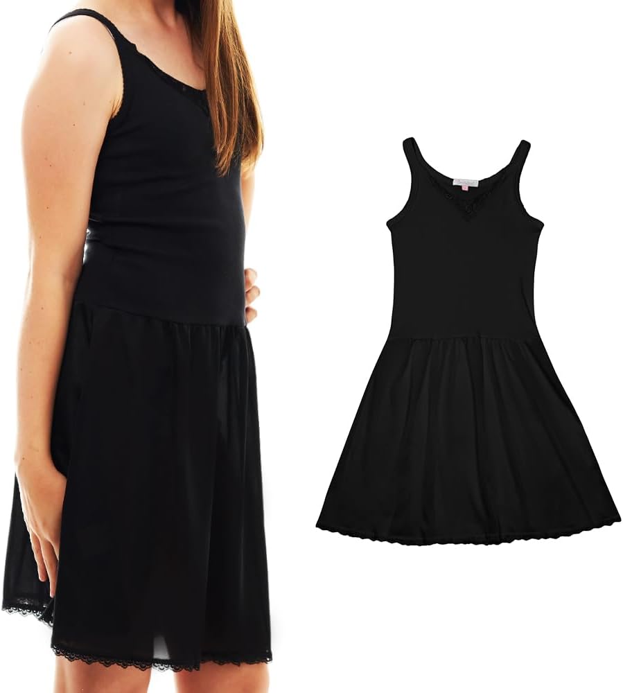 Candyland Full Slip for Girls Sleeveless 100% Cotton Camisole-Style Top with Cling-Free Silky 100% Nylon Bottom 6 Black