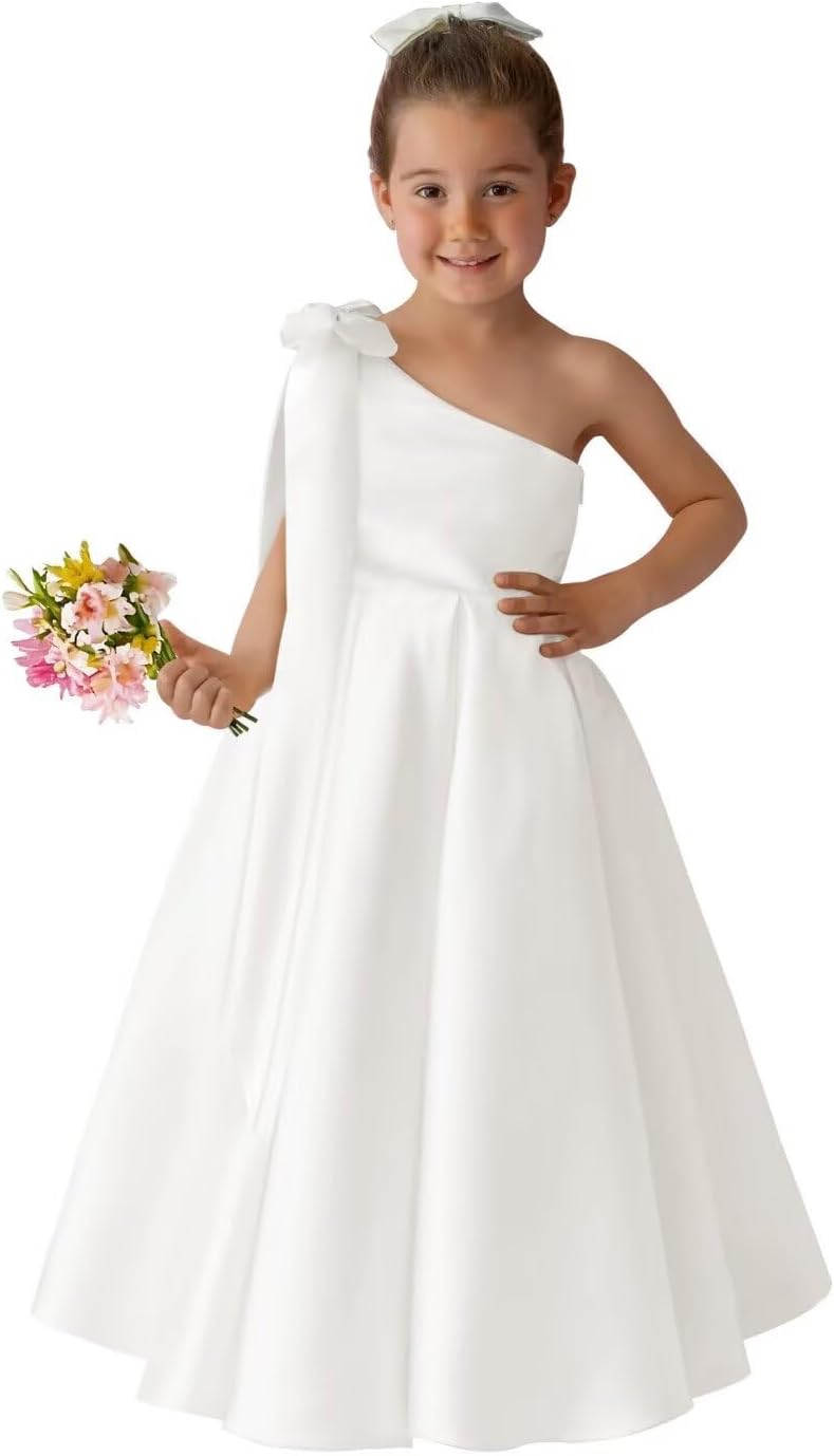 Cute One Shoulder Silk Satin Long Dress for Girls Bow-Knot Flower Girl Dresses for Wedding Birthday Formal White 4