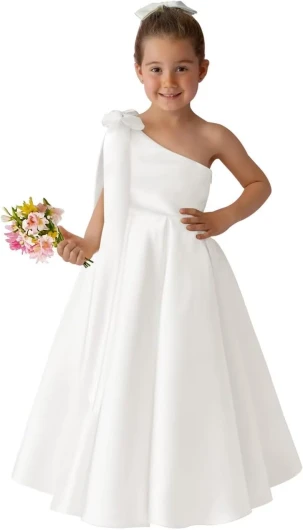 Cute One Shoulder Silk Satin Long Dress for Girls Bow-Knot Flower Girl Dresses for Wedding Birthday Formal White 4