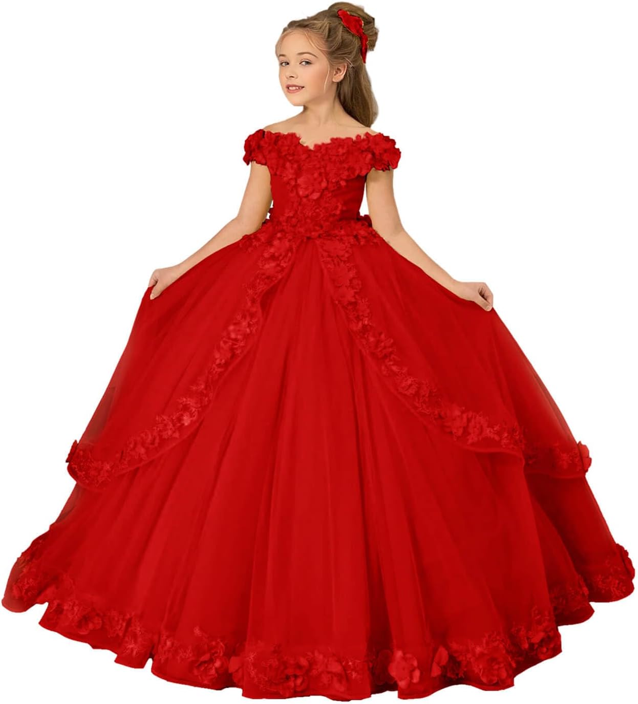 Applique Flower Girl Dress - Off Shoulder First Communion Dress for Girls Pageant Dresses 6 Red