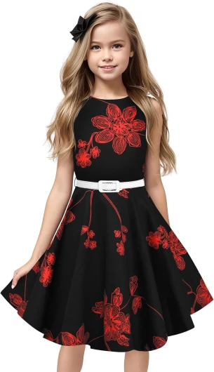 Girls Vintage Dress 50s Retro Twirling Special Occasion Dresses Size 6-14 Sleeveless Kids Dress 8 Black Red