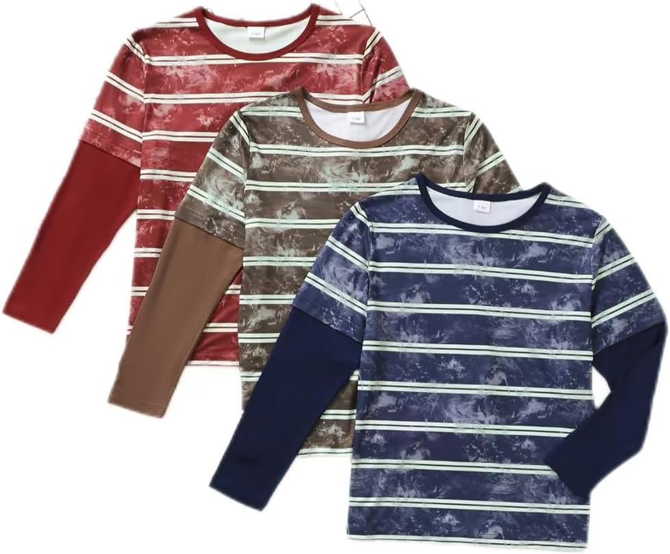 3 Pack Boys’ Fashion Layered Striped Tshirt Crew Neck Long Sleeve Casual Boys Clothes Perfect for Fall & Winter 7-8 Years A