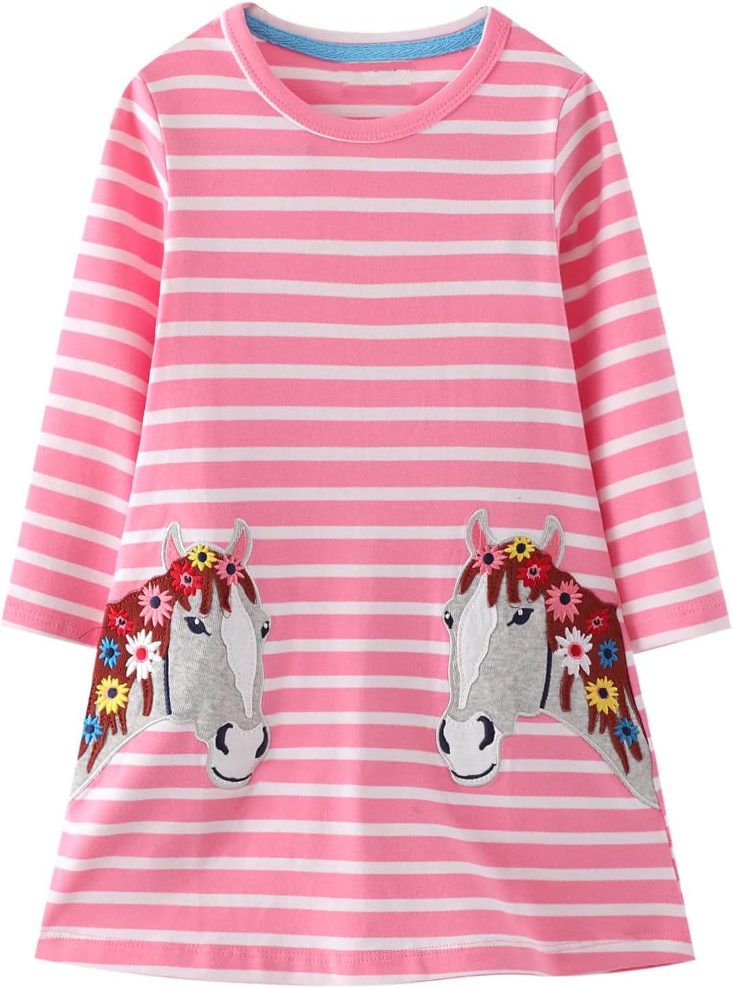 Girls Cotton Long Sleeve Casual Cartoon Appliques Striped Jersey Dresses 7 Years He