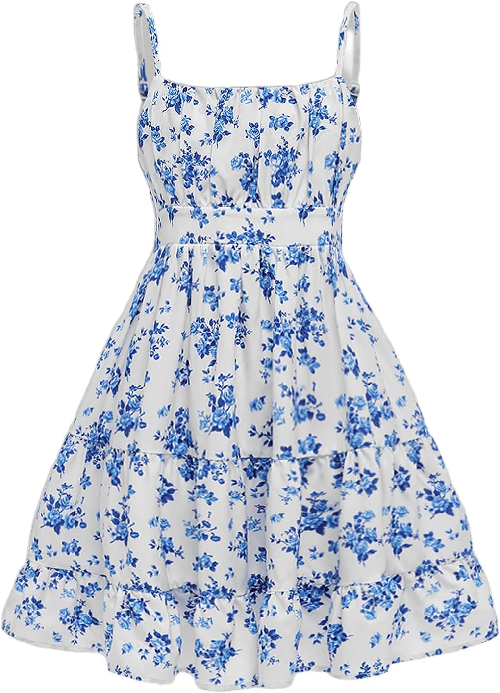 Girl's Floral Print Sleeveless Ruched Ruffle Hem A Line Cami Short Dress 12 Years A Blue and White