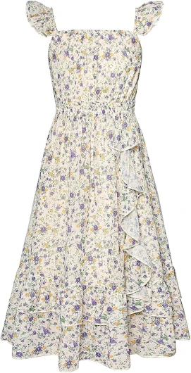 Girls Floral Dress Summer Backless Chiffon Sleeveless Casual Boho Maxi Dresses 5-14Y Purple Flowers on Cream 12 Years