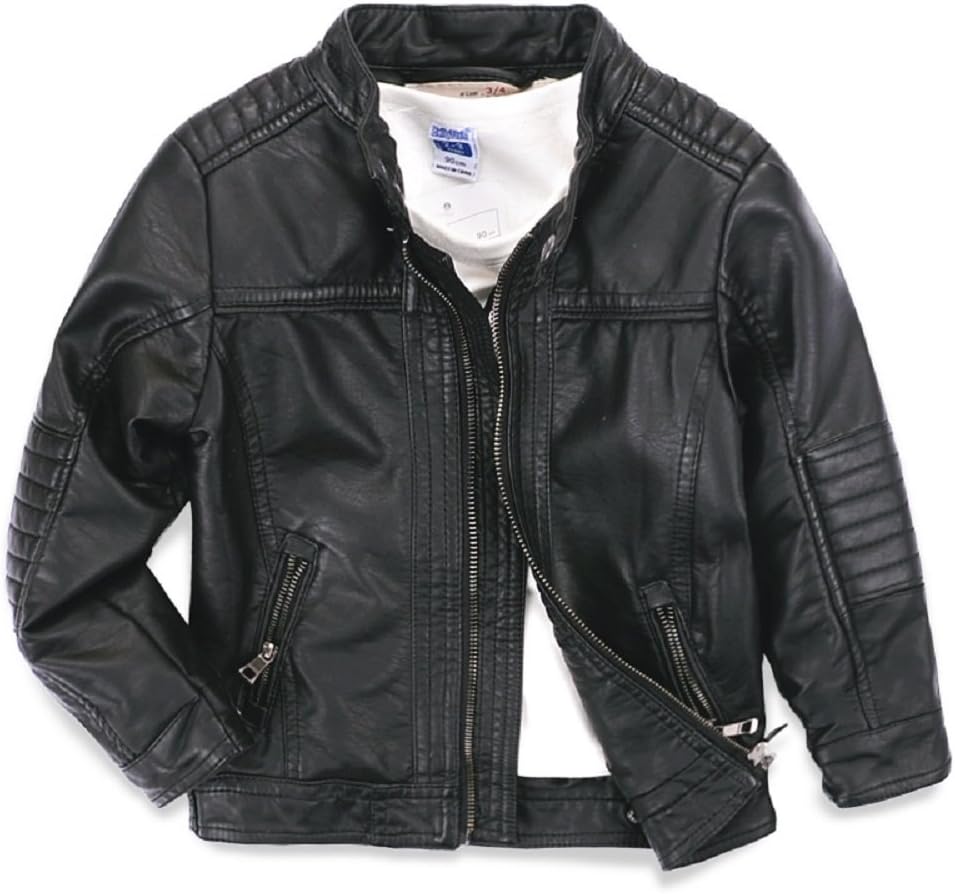 Boys Leather Jackets New Spring Children Collar Motorcycle Faux Leather Zipper Coats 7-8 Years Black