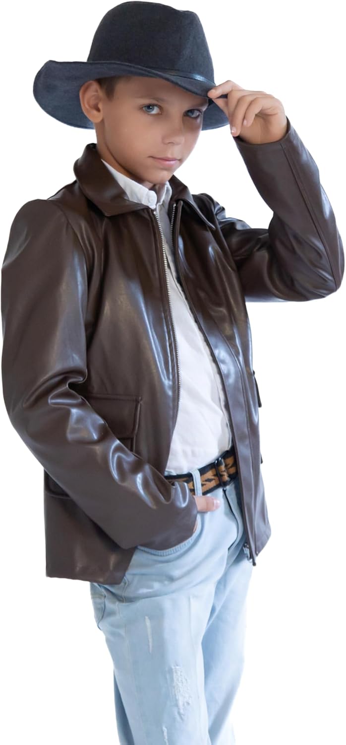 Kids Teens Faux Leather Jacket Costume Brown – Jungle Explorer Archeologist Lightweight Bomber Racer 10-12 Years Brown
