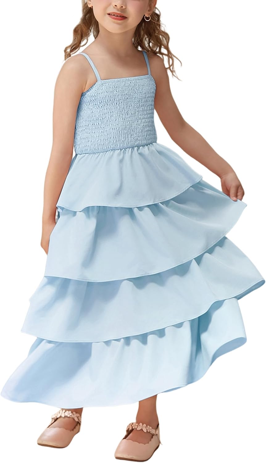 Girls Dresses 2025 Summer Flower Girl Wedding Guest Dress Tiered Square Neck Holiday Dance Party Gown Light Blue 14