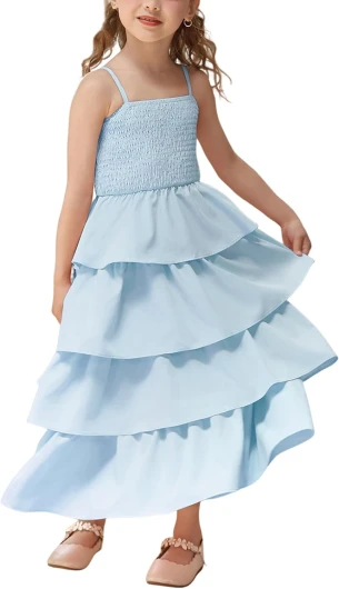 Girls Dresses 2025 Summer Flower Girl Wedding Guest Dress Tiered Square Neck Holiday Dance Party Gown Light Blue 14