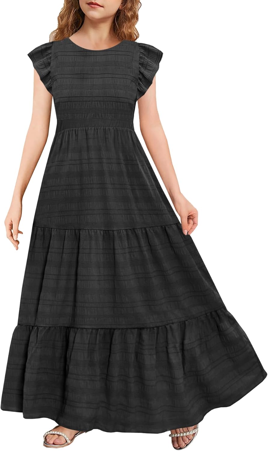 Girls Summer Maxi Dress Cute Ruffle Short Sleeve A Line Flowy Casual Party Dresses with Pockets 6-13 Years Black 8 Years