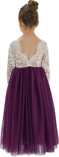 Girl Peony Lace Back A-Line Straight Tutu Tulle Party Flower Girl Dress 3T Plum Sleeve Maxi