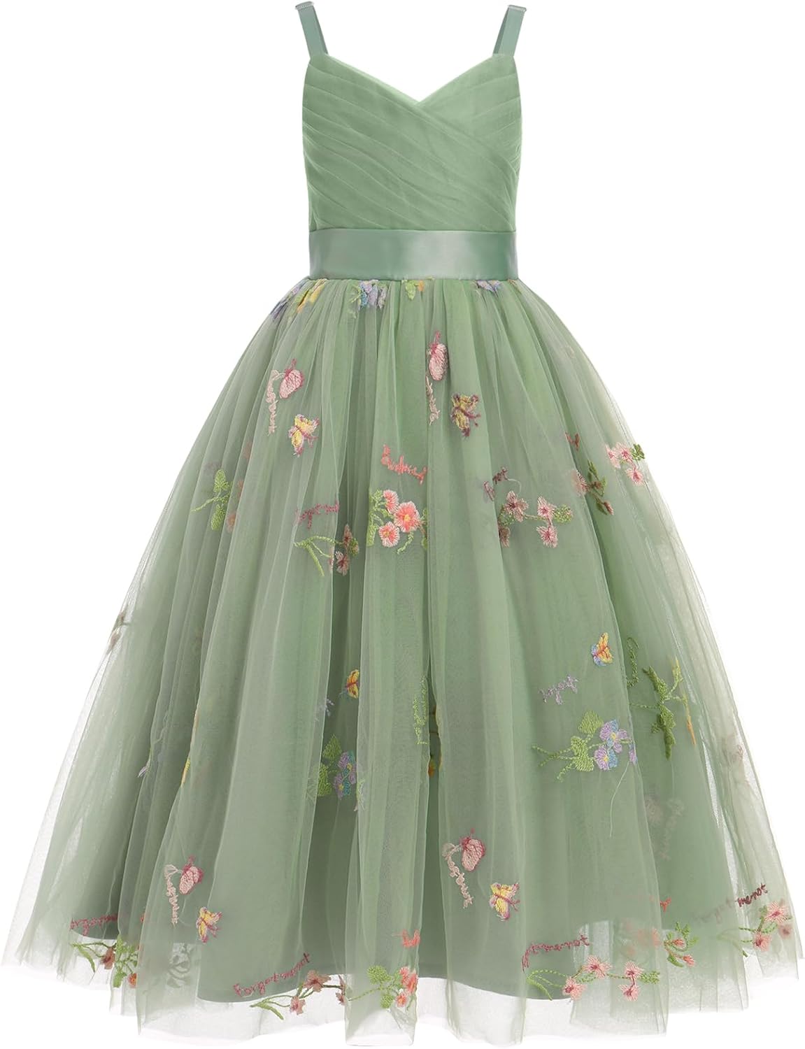 Flower Girl Dress for Wedding Pleated V Neck Satin Tulle Princess Dress Junior Bridesmaids Pageant Formal Ball Gown Sage Green-floral 6 Years